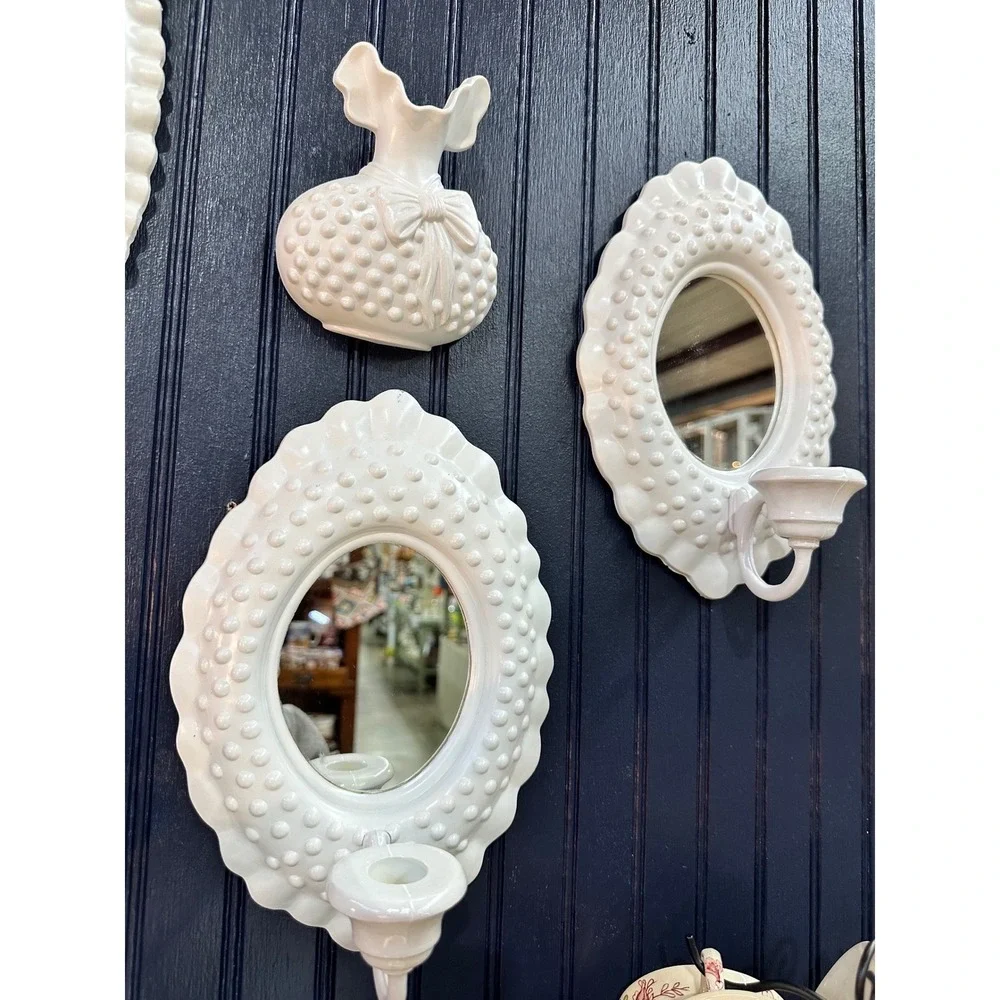 Hobnail Wall Decor Set Mirror Sconce Butterfly Basket White 9 Piece Set